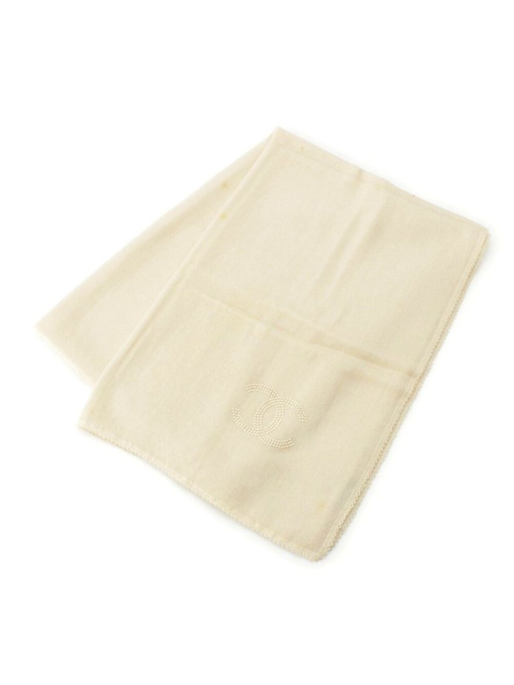 Chanel Cashmere Pearl CC Logo Large Scarf Shawl White